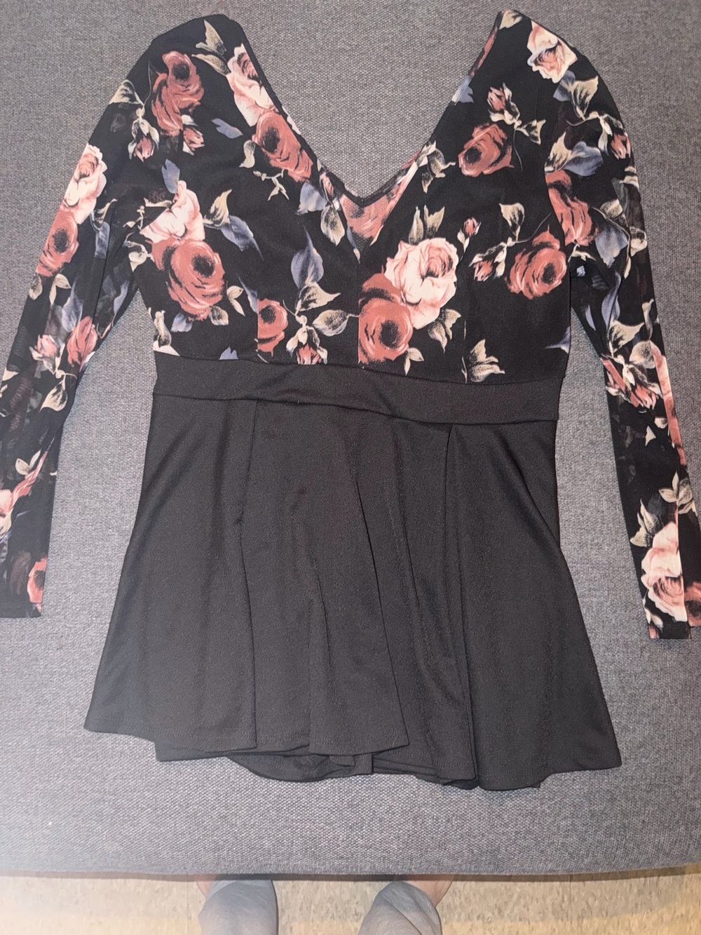 Floral V-Neck Long Sleeve Peplum romper- Black with Rose Print